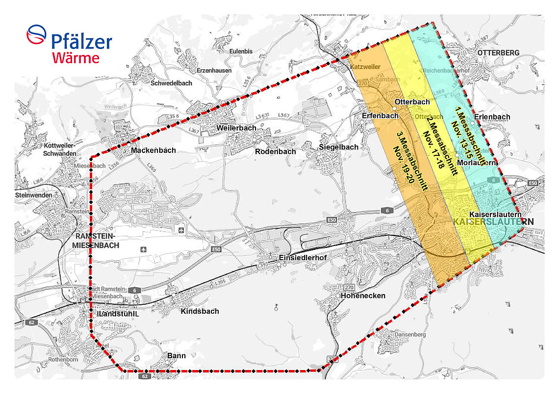 Messgebiet mit farblich markiertem 1. Messabschnitt vom 19. bis 20. November.