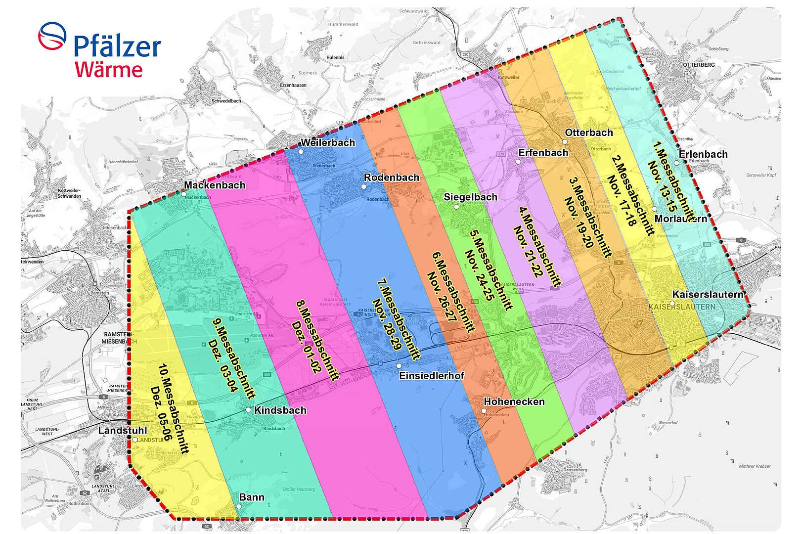 Messgebiet mit farblich markiertem 10. Messabschnitt vom 5. bis 6. Dezember.