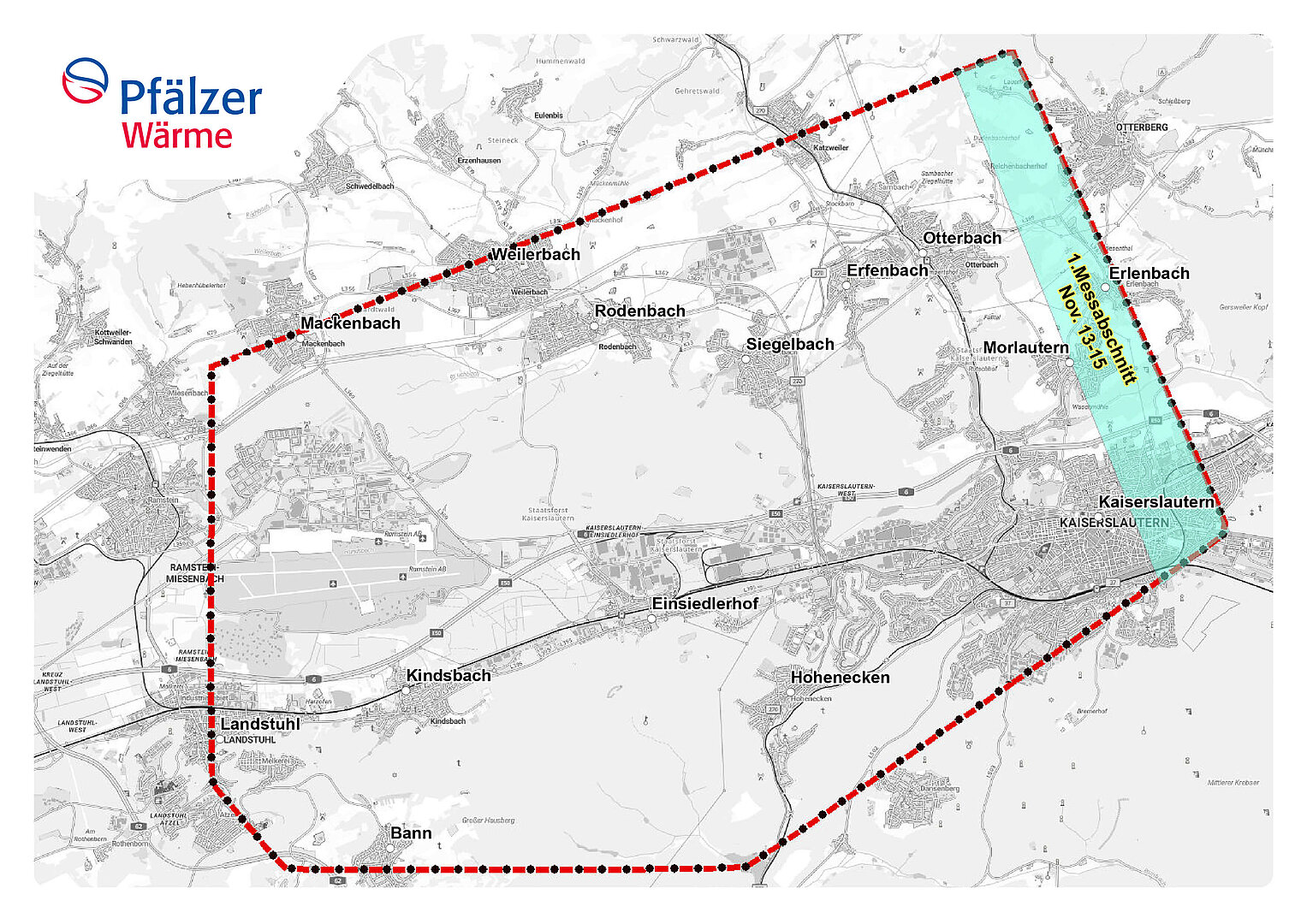 Messgebiet mit farblich markiertem 1. Messabschnitt vom 13. bis 15. November.